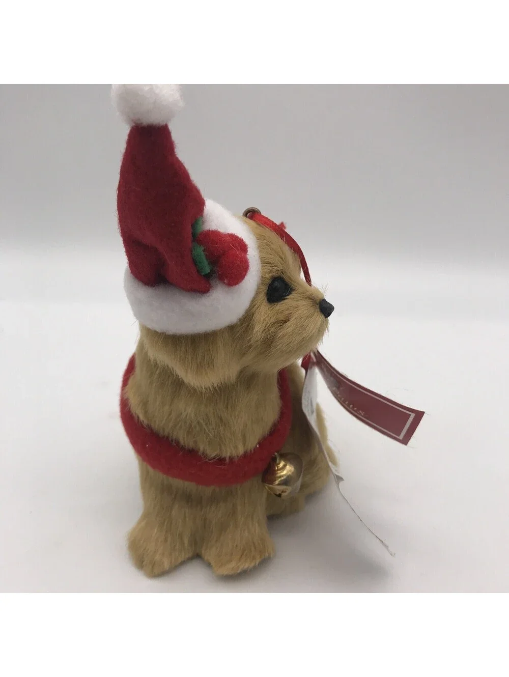 Santa Paws Furry Dog With Santa Hat Christmas Ornament  5” With Bell Collar